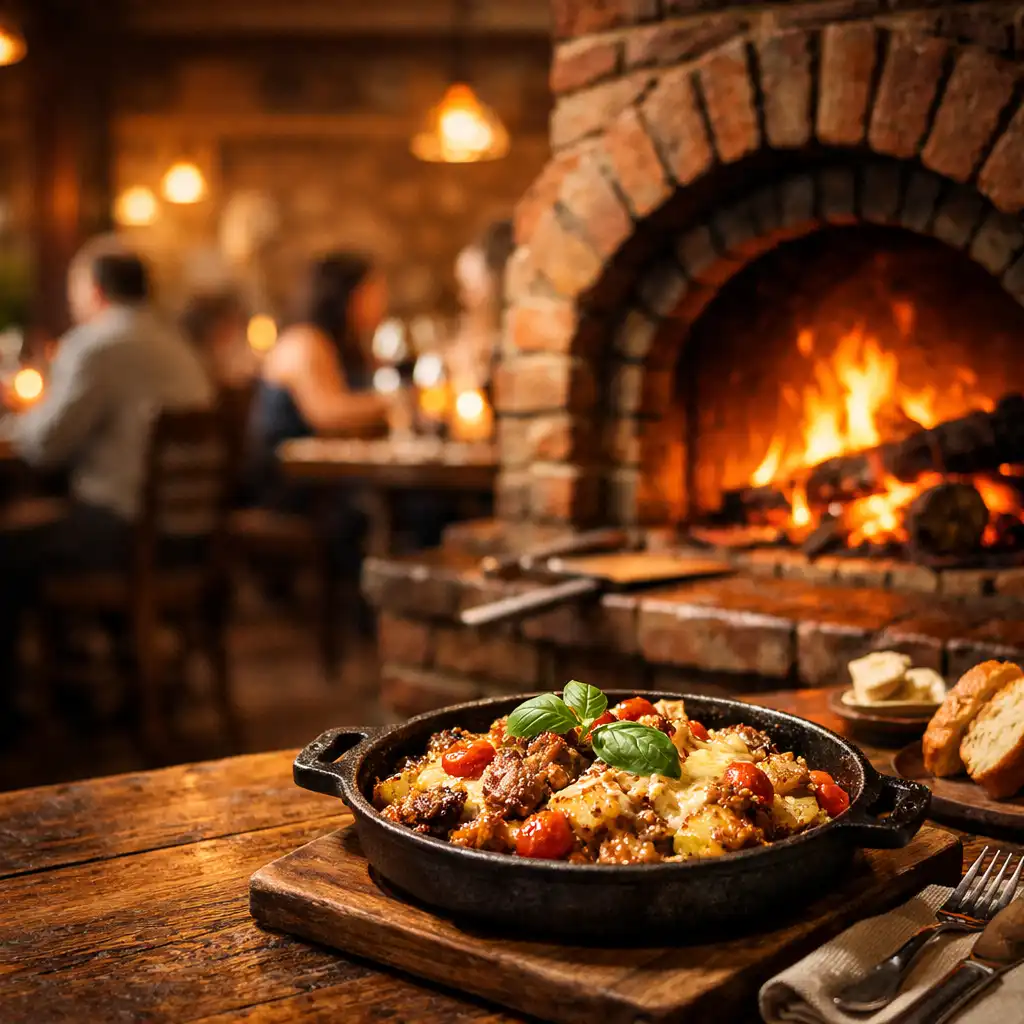 Fatüzelésű téglakemence fénye mellett frissen tálalt étel a Brick Oven Place-ben