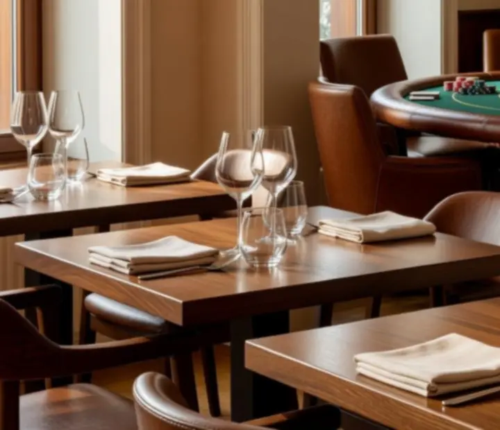 Prosvětlená restaurace BrightChoiceCZ s výhledem do intimního pokerového salonu s koženým stolem