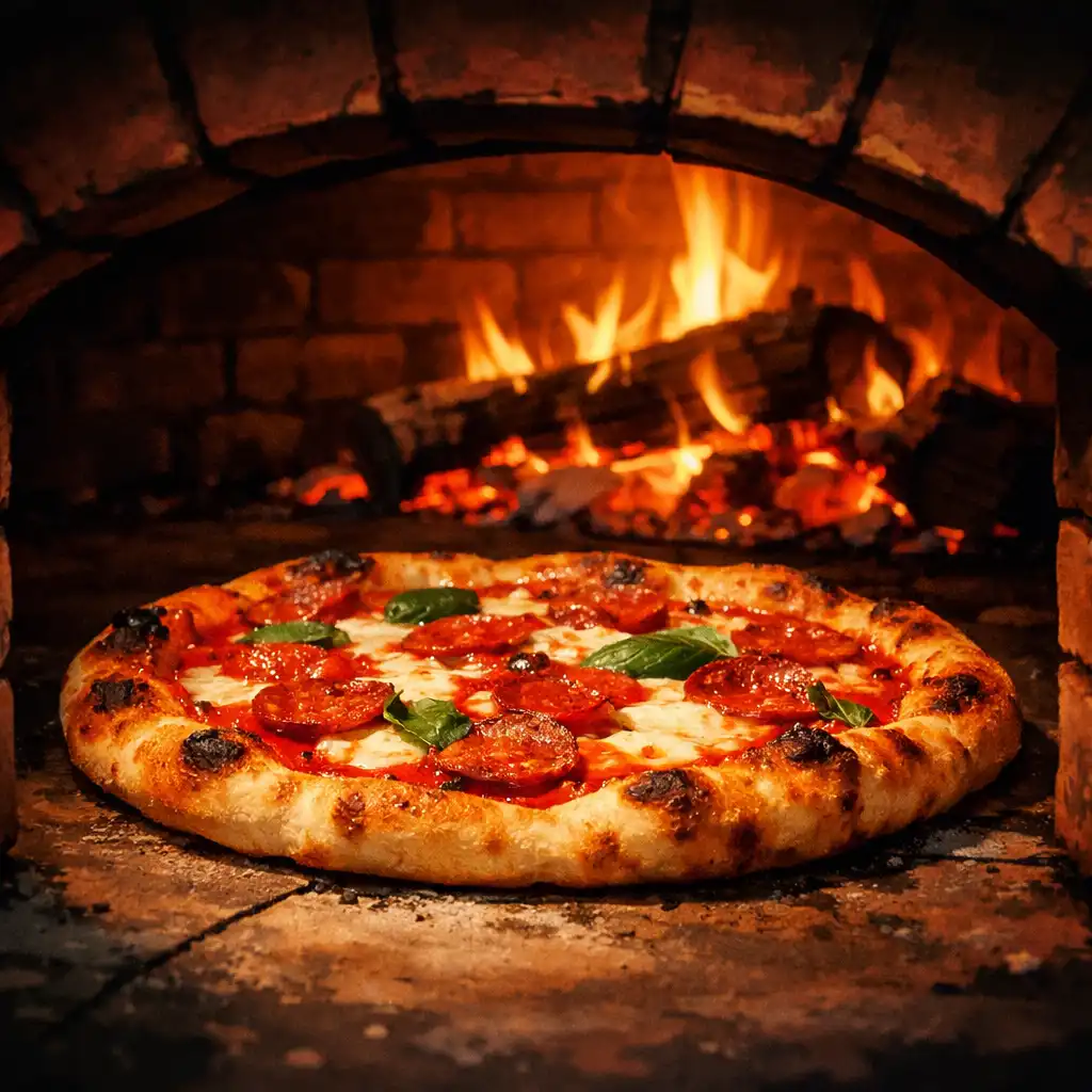 Pizza sül egy fatüzelésű kemence belsejében
