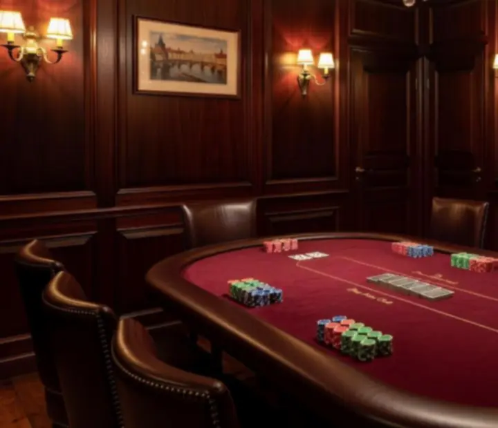 Intimní pokerový salon BrightChoiceCZ se sametovými stoly a živým dealerem
