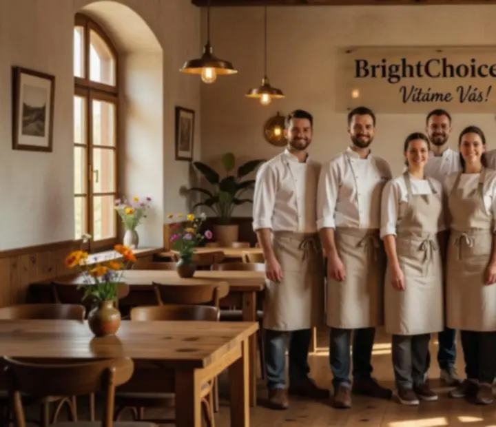 Tým kuchařů a číšníků BrightChoiceCZ v restauraci v Praze