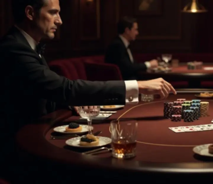 Večerní pokerový event v privátním salonu BrightChoiceCZ se zaplněnými stoly a atmosférickým osvětlením.